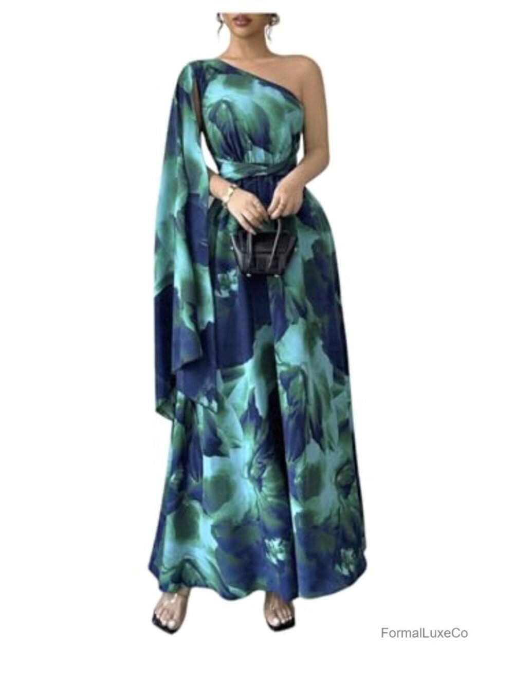 One Shoulder A-Line Maxi Formal Dress with Cape Sleeveless